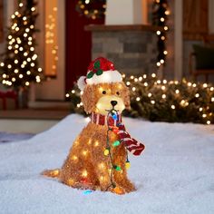 a teddy bear sitting in the snow wearing a christmas hat and scarf with lights on it