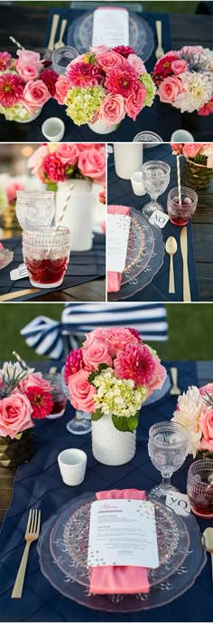 the table is set with pink flowers and place settings