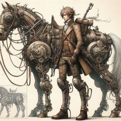 a drawing of a man standing next to a horse with mechanical parts on it's back