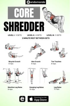 the core shredder workout poster shows how to do an overhead push up with one arm