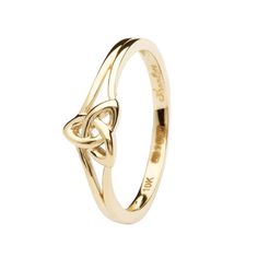 10K Yellow Gold Women's Celtic Trinity Knot Ring. Excellent Quality. This delicate ladies ring features the traditional trinity knot design. Its elegant simplicity makes this lovely 10K Gold piece a classic reflection of celtic heritage. Made in Dublin, Ireland. This is an authentic Celtic Ring made by master artisans. Measurement: Face - 6.6 mm (~0.25") Shank - 2 mm (~0.09") Available sizes 5 to 9 with half size increments. It is handcrafted in Dublin and hallmarked in the Assay Office located Silver Celtic Jewelry, Trinity Knot Ring, Irish Rings, Celtic Heritage, Trinity Ring, Celtic Trinity Knot, Celtic Knot Ring, Celtic Wedding Rings, Trinity Knot