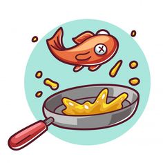 an orange fish jumping out of a frying pan with some food in it's bottom