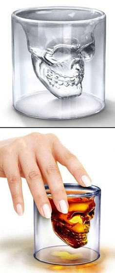 two pictures of someones hand holding a glass with a skull in it and the other side is half filled with liquid