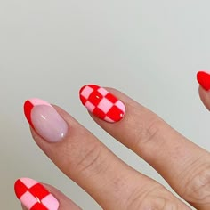 Hannah Leong on Instagram: "valentines nails are starting and I love it!!❤️ • • • #checkerednails #valentinesnails #valentinesnailart #vdaynails #handpaintednailart #hanpolished" Red And Checkered Nails, Red Checker Nails, Pink And Brown Checkered Nails, Red White And Blue Checkered Nails, Valentine’s Day Nails Checkered, Check Board Nails, Checkered Valentines Day Nails, Crazy Fun Nail Designs, Valentines Nails Checker