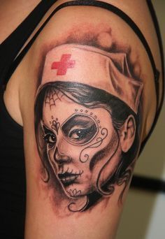 a woman with a nurse's hat and cross on her head is depicted in this tattoo design