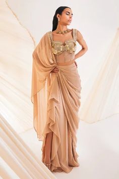 Shop for Divya Aggarwal Beige Hertha Pre-draped Saree With Corset Blouse for Women Online at Aza Fashions Divya Aggarwal, Corset Saree, Tulle Saree, Drapping Saree, Crystal Corset, Beige Corset, Embellished Corset, Saree Georgette, Draped Saree