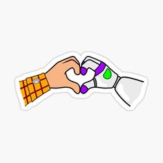 a hand holding a computer mouse sticker on a white background with the image of two hands touching each other