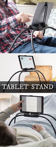 a man laying in bed with a laptop on his lap and holding a tablet stand