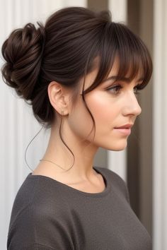 27  Updo Hairstyles With Bangs 4 Fringe Hairstyles Updo, Short Hair Updo Bangs, Updos With Bangs Wedding, Updos For Medium Length Hair With Bangs, Updos For Short Hair With Bangs, Bang Updo Hairstyles, Lob With Bangs Fine Hair, Bangs With Hair Up, Formal Updo With Bangs