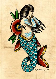 a drawing of a mermaid with flowers in her hair and an eye patch on it