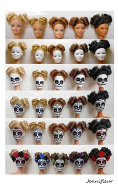 a bunch of dolls with different hairs and skulls on their heads, all in different colors