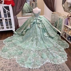 Mint Green Quinceanera Dresses Ball Gown Appliques Lace Beading Sleeveless Spaghetti Strap Handmade Emerald Quinceanera Dresses, Emerald Quinceanera Dress, Emerald Quinceanera, Mint Green Quinceanera, Mint Green Quinceanera Dresses, Princess And The Frog Quince, Quinceanera Dresses Green, Formal Dresses Wedding, Green Ball Gown