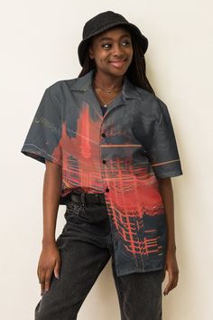 Check out this bold button-down shirt with a trendy oversized fit, that works well for outfit layering! Cyberpunk Urban Button-Up Shirt 🌆🔶 Step into the future with our Hawaiian Shirt, an essential for any streetwear enthusiast or EDM lover. This orange and gray synthwave shirt blends surreal design with ultimate summer comfort, making it a standout choice for any occasion. Product Highlights: Edgy Design: This shirt features a striking blend of orange and gray in a surreal, synthwave-inspired Casual Graphic Print Button-up Shirt, Casual Button-up Blouse With Graphic Print, Relaxed Fit Graphic Print Button-up Blouse, Collared Shirt With Button Closure For Streetwear, Modern Oversized Shirt With Button Closure, Streetwear Camp Shirt With Button Closure, Streetwear Camp Shirt With Button Closure And Camp Collar, Streetwear Short Sleeve Tops With Buttons, Casual Streetwear Shirt With Buttons