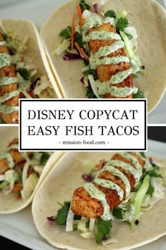 three fish tacos with cilantro sauce and lettuce