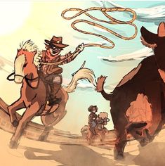 two cowboys riding horses in the desert with their lasso and whipsticks flying through the air