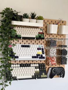 there is a wall mounted rack with several keyboards and game controllers on it, along with plants