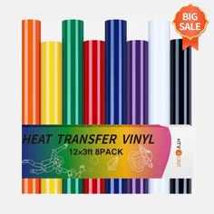 a bunch of different colored pencils are in a box with the label heat transfer vinyl