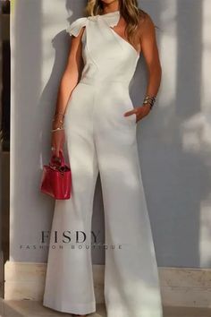 Fisdy - Elegante mono clásico de color sólido con prácticos bolsillos y elegante cuello oblicuo Collar Jumpsuit, Pocket Jumpsuit, Solid Color Jumpsuits, White Jumpsuit, Simplicity Patterns, Spring Outfits Casual, Casual Summer Outfits, Long Blouse, Jumpsuit Romper