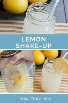 lemon shake - up recipe in mason jars with lemons and ice on the side