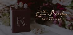 the logo for kate bronte designs is shown in front of flowers and other items