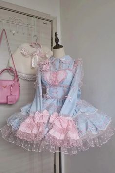 Blue/Pink Pray Multi-Layered Ruffle Lace Sweet Princess Lolita Jsk Dr – LolitaInside Candy Theme Dress, Aesthetic Pink Clothes, Fairy Core Clothes, Cozy Fall Outfits Aesthetic, Blue Pink Aesthetic, Pink And Blue Outfit, Dessert Dress, Kawaii Clothes Aesthetic, Pink And Blue Aesthetic