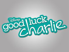 the good luck charlie logo is shown in blue and green letters on a white background