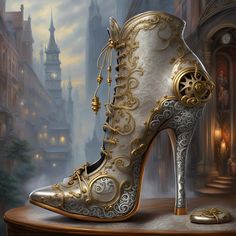 "Product Details Steampunk silver boot  canvas print by Glenda Stevens.   Bring your artwork to life with the texture and depth of a stretched canvas print.  Your image gets printed onto one of our premium canvases and then stretched on a wooden frame of 1.5\" x 1.5\" stretcher bars (gallery wrap) with black sides.  or 5/8\" x 5/8\" stretcher bars (museum wrap) with white sides.  Your canvas print will be delivered to you \"ready to hang\" with pre-attached hanging wire, mounting hooks, and nails. Design Details AI art of a stiletto high heel silver boot steampunk style.  Larger sizes are available up to 48x48 inches." Crazy High Heels, Fancy High Heels, Whimsical Shoes, Steampunk Couture, Witch Shoes, Fairy Shoes, Silver Boots, Silver High Heels, Designer High Heels