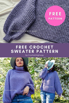 the free crochet sweater pattern is shown with text that reads, free crochet sweater pattern