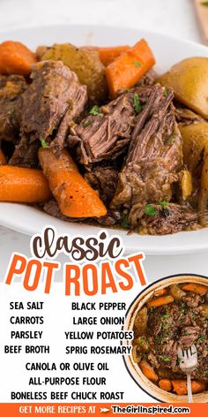 an advertisement for classic pot roast with carrots and potatoes