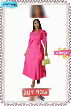 Women Long Sleeve Polo Neck Pleated Dress Pink Pleated Dress For Fall, Fall Pink Pleated Dress, Spring Long Sleeve Pleated Midi Dress, Pleated Long Sleeve Midi Dress For Day Out, Spring Long Sleeve Maxi Dress For Date Night, Chic Pink Belted Maxi Dress, Pink Long Sleeve Office Dress, Pink Long Sleeve Dress For Office, Pink Spring Office Dress