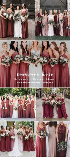 a collage of photos showing different bridesmaid dresses and their bridal bouquets