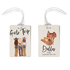 two tags with the words girls'trip and dolls hanging from each other on white background