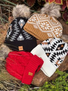 Aztec beanies in 2 color patterns, white with Black and Tan, and black with grey and tan Made by Panache Accessories 100% Acrylic White Outdoor Hat, One Size Fits All, White Fall Beanie One Size Fits Most, White Fall Beanie One Size, White Beanie For Fall, One Size Fits Most, White Beanie For Fall, One Size, White Hat For Outdoor, White Beanie One Size Fits Most For Fall, White One-size Hats For Outdoor, White One-size Outdoor Hat