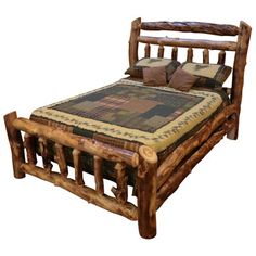 a log bed frame with pillows on it