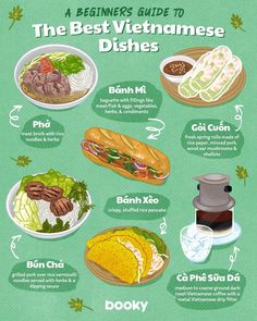 the best vietnamese dishes to eat for dinner and desserts info poster on green background