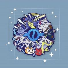 the pokemon sticker is on top of a blue background with white stars and an image of various cartoon characters