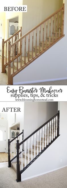 the before and after pictures of a stair bannister makeover with white paint