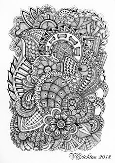 a black and white drawing of an intricate design with lots of different things in it