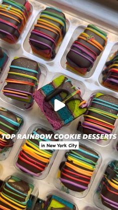 the top rainbow cookie desserts in new york city are colorfully decorated and ready to be eaten