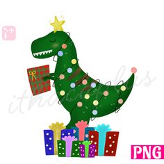 a green dinosaur holding a present box