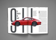 an open magazine with a red car on the front and back cover, in french