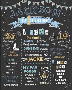 a chalkboard poster with the names and numbers for jackson's 1st birthday