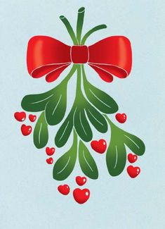 a red bow and some green leaves on a light blue background with the words merry christmas written below it