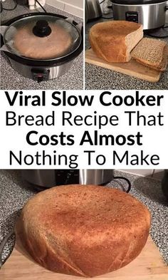 several pictures showing how to make bread in the slow cooker and then using it