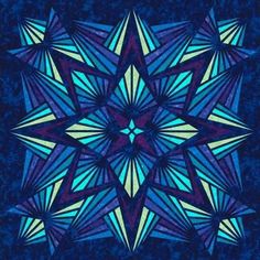 an abstract blue and yellow design with many smaller triangles in the center on a black background