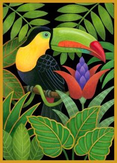 a painting of a toucan on a branch surrounded by tropical leaves and flowers