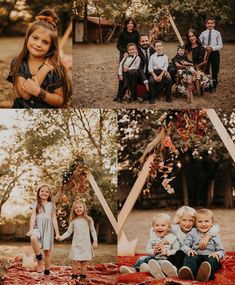 a collage of family photos with their children and mom in the middle, sitting on a blanket