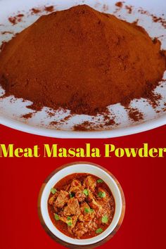 there is a bowl of meat masala powder next to a plate with food on it