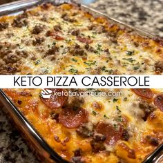 the keto pizza casserole is topped with cheese and pepperoni on top