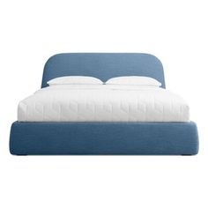 a blue bed with white sheets and pillows